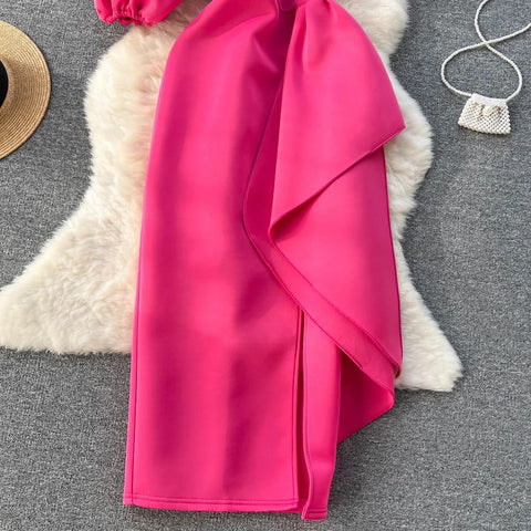 Summer Oblique Shoulder Irregular Ruffle Wrapped Hip Dress CODE: KAR2360