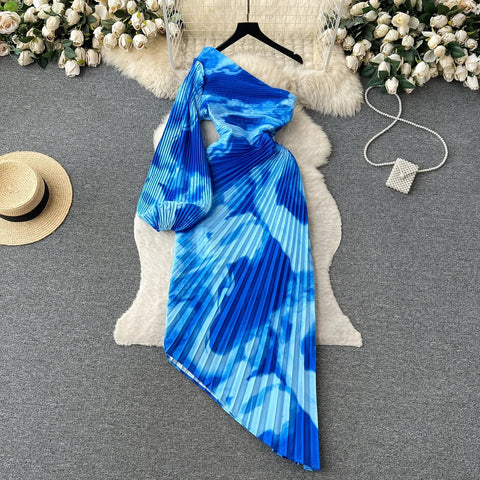 New Elegant Sexy Skew Collar One Shoulder Irregular Pleated Dress CODE: KAR2362