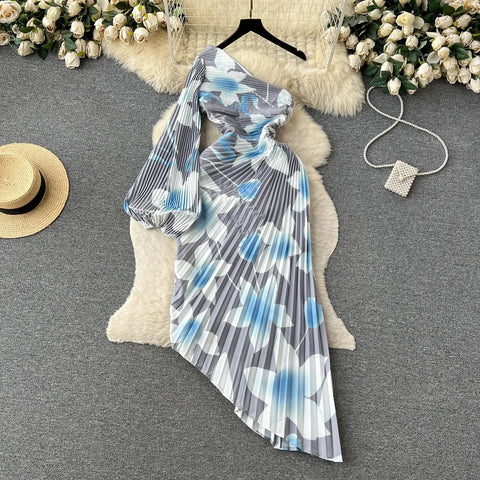 New Elegant Sexy Skew Collar One Shoulder Irregular Pleated Dress CODE: KAR2362