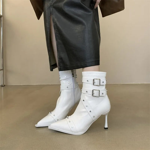 New Autumn Winter Pointed Toe Buckle Studded High Heel Ankle Boot CODE: KAR2374