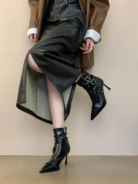 New Autumn Winter Pointed Toe Buckle Studded High Heel Ankle Boot CODE: KAR2374