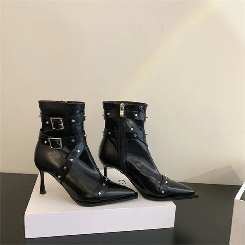 New Autumn Winter Pointed Toe Buckle Studded High Heel Ankle Boot CODE: KAR2374