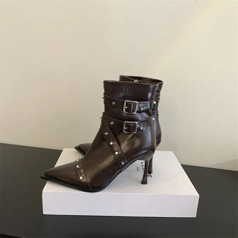 New Autumn Winter Pointed Toe Buckle Studded High Heel Ankle Boot CODE: KAR2374