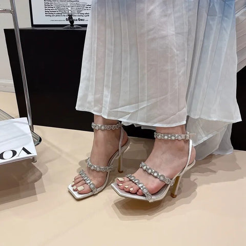 Summer Rivet Crystal Buckle Strap Square Toe High Heel Sandal CODE: KAR2377