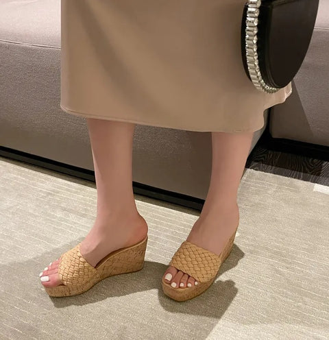 New Sexy Platform Open Toe Wood Grain Wedges Weave High Heel Sandal CODE: KAR2422
