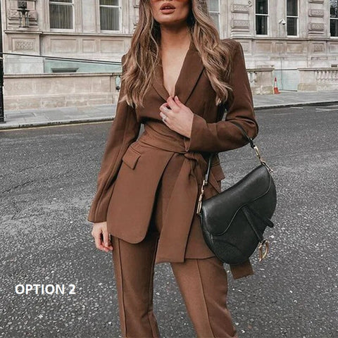 Autumn New Blazer With Belt Slim Trousers Two Piece Set CODE: KAR2440