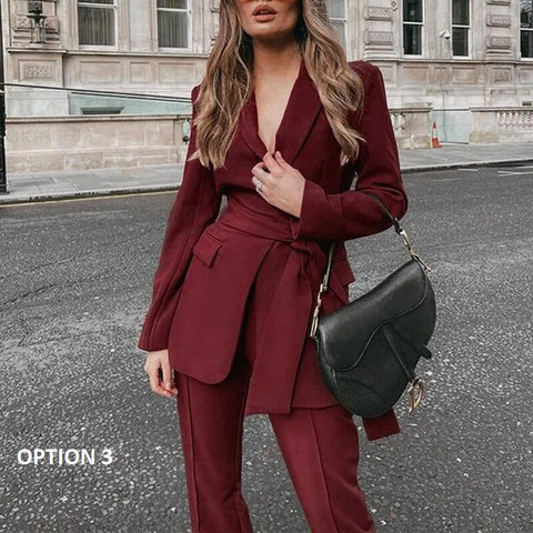 Autumn New Blazer With Belt Slim Trousers Two Piece Set CODE: KAR2440