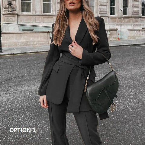 Autumn New Blazer With Belt Slim Trousers Two Piece Set CODE: KAR2440