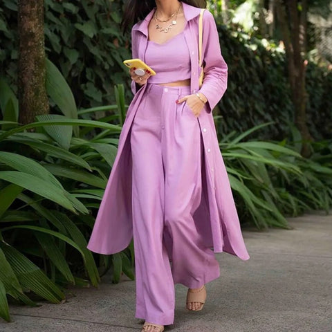 New Autumn Arrival Breasted Long Trench + High Waist Pant + Sleeveless Vest Three Piece Set CODE: KAR2441