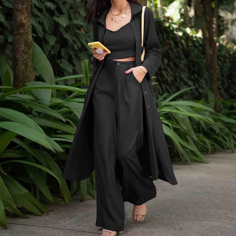 New Autumn Arrival Breasted Long Trench + High Waist Pant + Sleeveless Vest Three Piece Set CODE: KAR2441