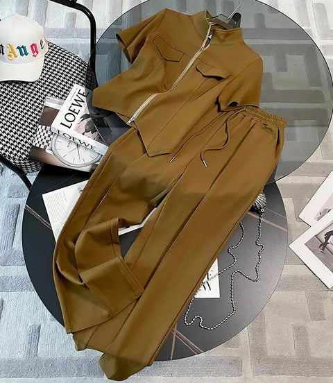 Summer Fashion Casual Short Sleeved Zipper Top + Elastic Waist Trouser Two Piece Set CODE: KAR2449