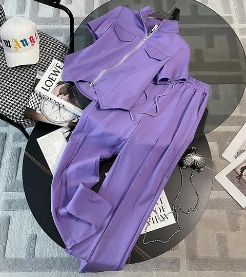 Summer Fashion Casual Short Sleeved Zipper Top + Elastic Waist Trouser Two Piece Set CODE: KAR2449