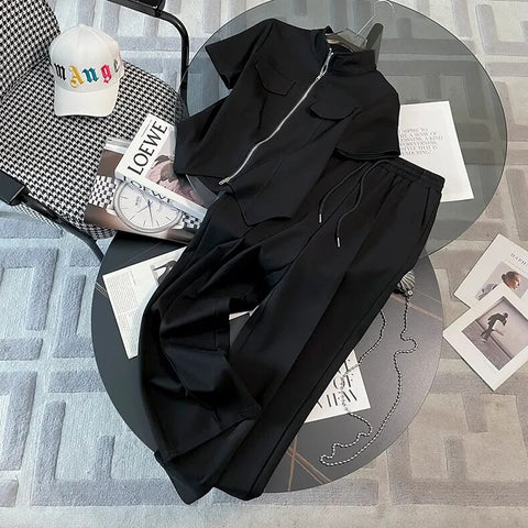 Summer Fashion Casual Short Sleeved Zipper Top + Elastic Waist Trouser Two Piece Set CODE: KAR2449