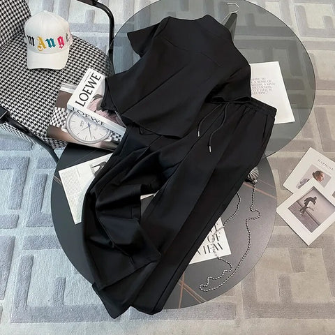 Summer Fashion Casual Short Sleeved Zipper Top + Elastic Waist Trouser Two Piece Set CODE: KAR2449