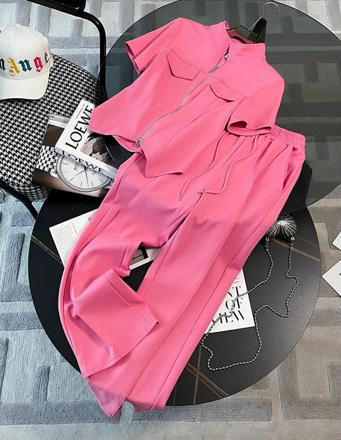 Summer Fashion Casual Short Sleeved Zipper Top + Elastic Waist Trouser Two Piece Set CODE: KAR2449