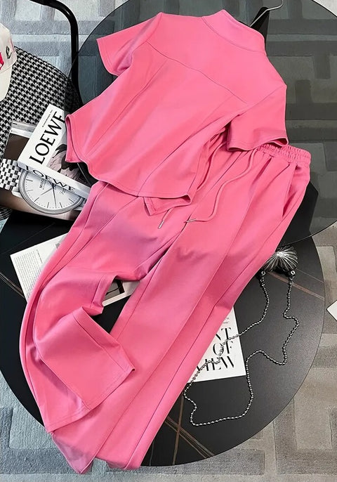 Summer Fashion Casual Short Sleeved Zipper Top + Elastic Waist Trouser Two Piece Set CODE: KAR2449