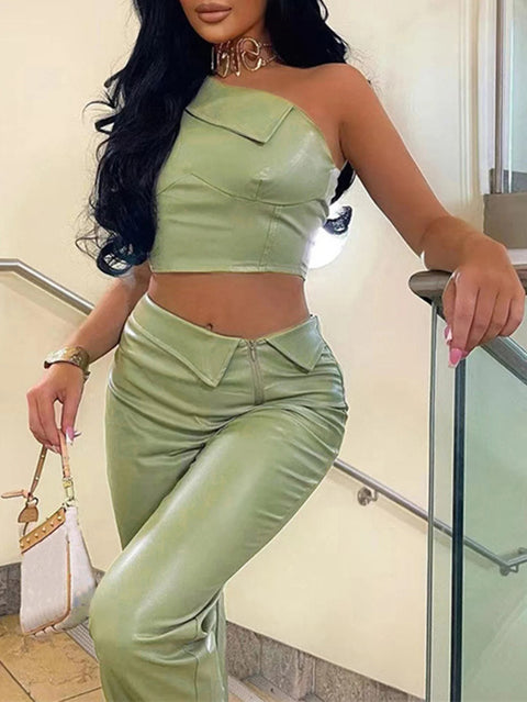 New Sexy backless leather fall body Straight pant Set CODE: KAR2485