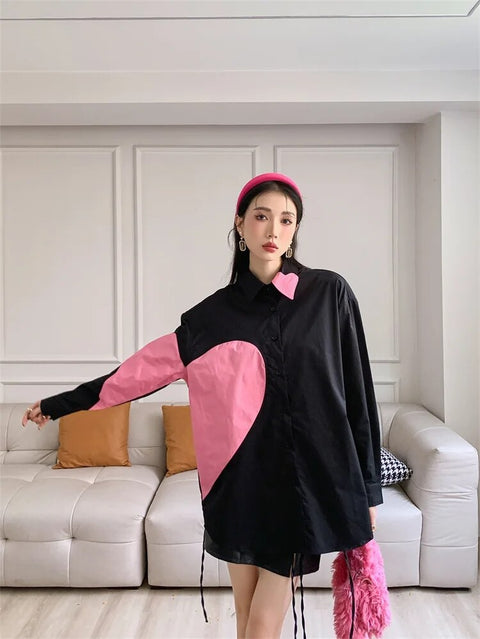 New Contrast Color Lapel Long Sleeves Single Breasted Shirt CODE: KAR2486