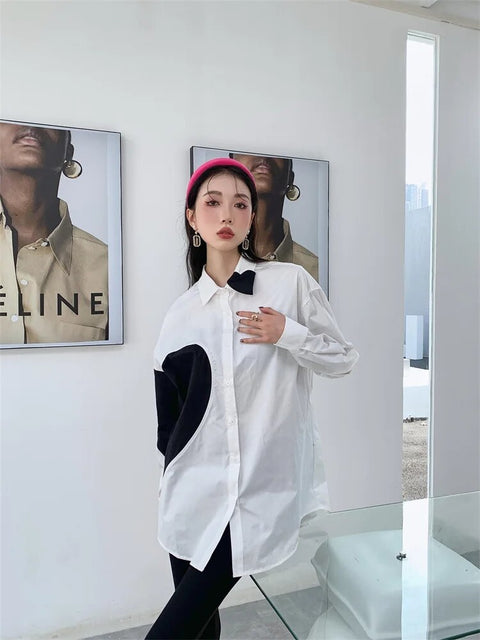 New Contrast Color Lapel Long Sleeves Single Breasted Shirt CODE: KAR2486