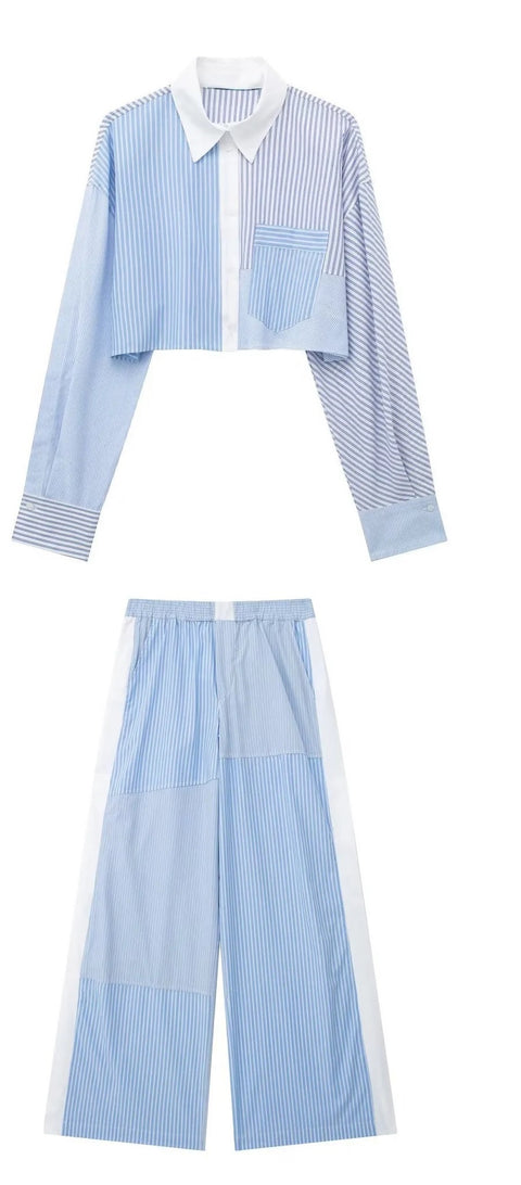 New Fashion  Basic Blue Stripe Shirt Loose Crop Top And Pent CODE: KAR2520