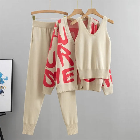 Autumn Fashion Designer Cardigan Tracksuits Letters Knitted Pocket Harem Pant 3 Piece Set CODE: KAR2564