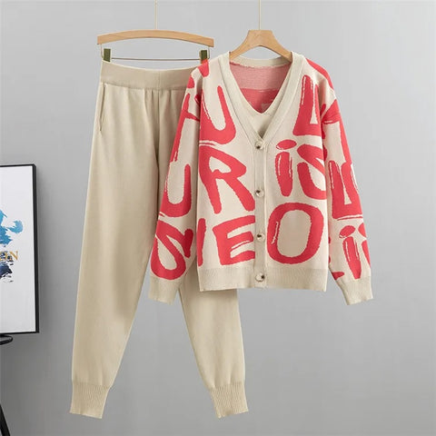 Autumn Fashion Designer Cardigan Tracksuits Letters Knitted Pocket Harem Pant 3 Piece Set CODE: KAR2564