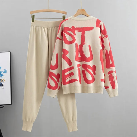 Autumn Fashion Designer Cardigan Tracksuits Letters Knitted Pocket Harem Pant 3 Piece Set CODE: KAR2564