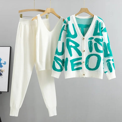 Autumn Fashion Designer Cardigan Tracksuits Letters Knitted Pocket Harem Pant 3 Piece Set CODE: KAR2564