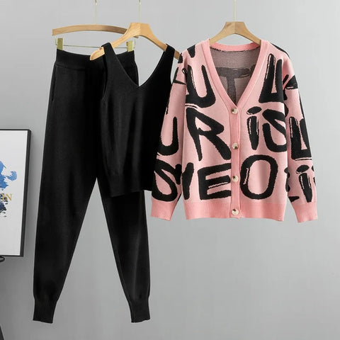 Autumn Fashion Designer Cardigan Tracksuits Letters Knitted Pocket Harem Pant 3 Piece Set CODE: KAR2564