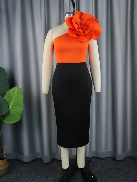 New Classy Sheath Orange Flower Cold Shoulder Empire Formal Patchwork Dress CODE: KAR2576