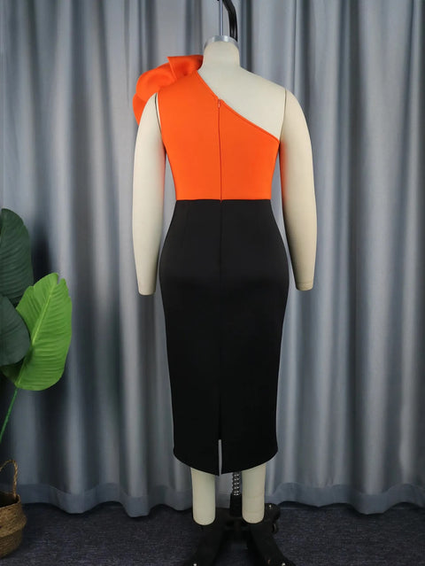 New Classy Sheath Orange Flower Cold Shoulder Empire Formal Patchwork Dress CODE: KAR2576
