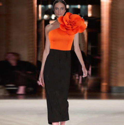 New Classy Sheath Orange Flower Cold Shoulder Empire Formal Patchwork Dress CODE: KAR2576