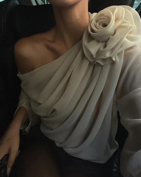 New Elegant Fashion Skew Collar Floral Applique Cropped See Through Top CODE: KAR2609