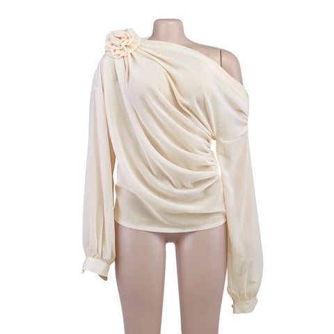 New Elegant Fashion Skew Collar Floral Applique Cropped See Through Top CODE: KAR2609