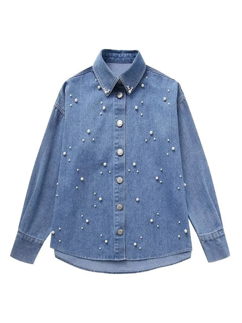 New Fashion Pearl Beading Appliques Casual Button Loose Top CODE: KAR2616
