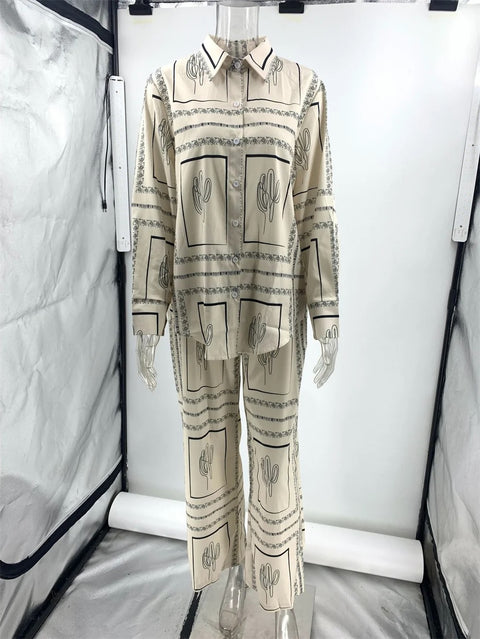 New Geometric Print Loose Long Sleeve Turn-down Collar Top and Elastic Straight Pant CODE: KAR2630