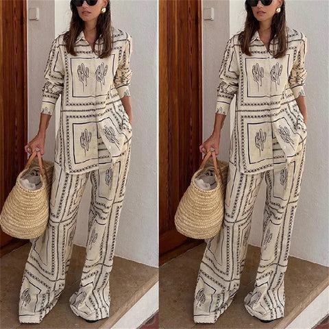 New Geometric Print Loose Long Sleeve Turn-down Collar Top and Elastic Straight Pant CODE: KAR2630