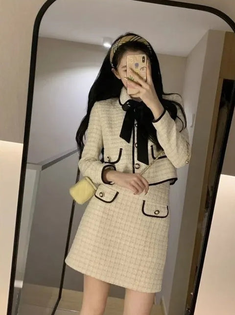 New Casual Winter High-Quality Small Western Style Bow Tie Short Jacket + A-line Skirt CODE: KAR2650