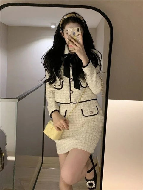New Casual Winter High-Quality Small Western Style Bow Tie Short Jacket + A-line Skirt CODE: KAR2650