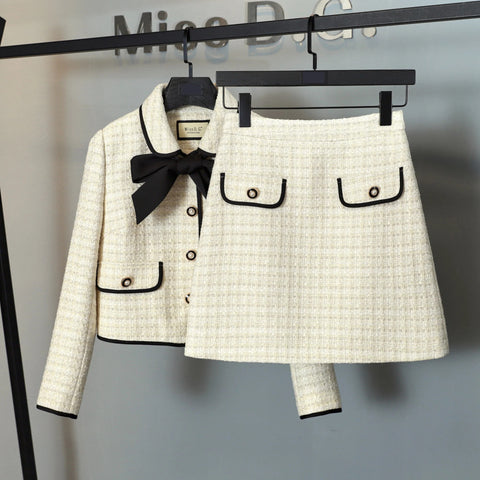 New Casual Winter High-Quality Small Western Style Bow Tie Short Jacket + A-line Skirt CODE: KAR2650