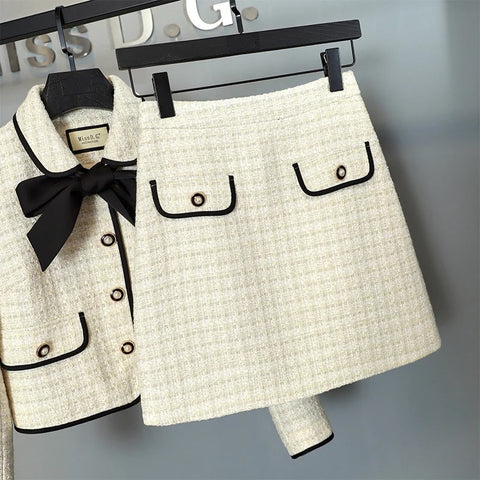 New Casual Winter High-Quality Small Western Style Bow Tie Short Jacket + A-line Skirt CODE: KAR2650