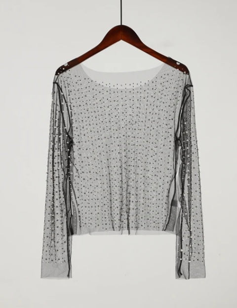 New Summer Sexy Rhinestones See Through O-Neck Long Sleeve Top CODE: KAR2740