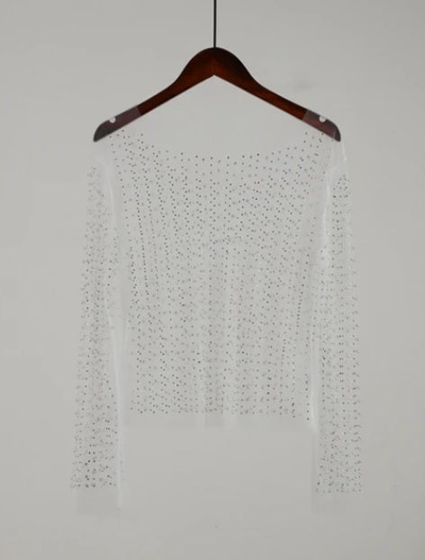 New Summer Sexy Rhinestones See Through O-Neck Long Sleeve Top CODE: KAR2740