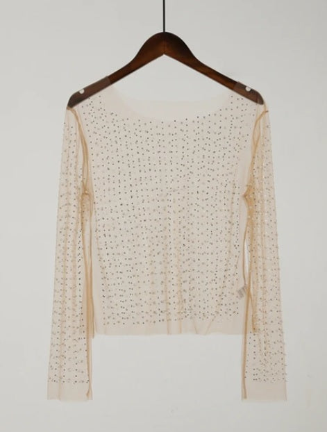 New Summer Sexy Rhinestones See Through O-Neck Long Sleeve Top CODE: KAR2740