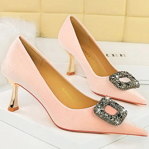 Luxury Pointed Toe Metal Crystal Buckle Kitten Low Heel CODE: KAR2770