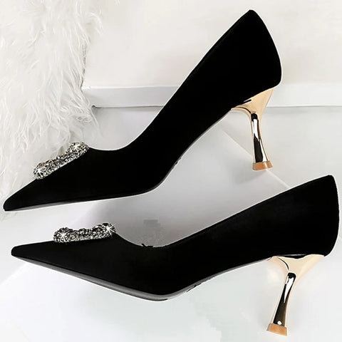 Luxury Pointed Toe Metal Crystal Buckle Kitten Low Heel CODE: KAR2770