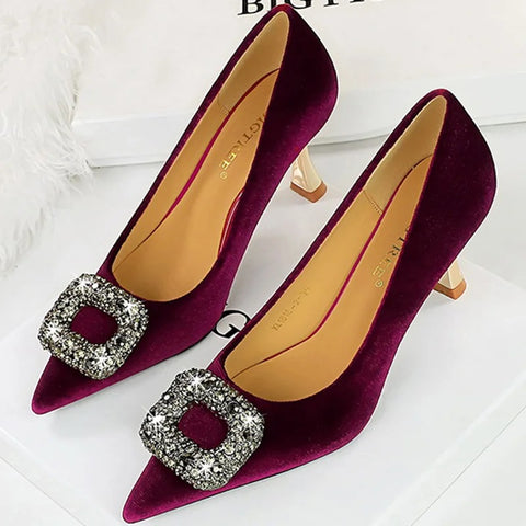 Luxury Pointed Toe Metal Crystal Buckle Kitten Low Heel CODE: KAR2770