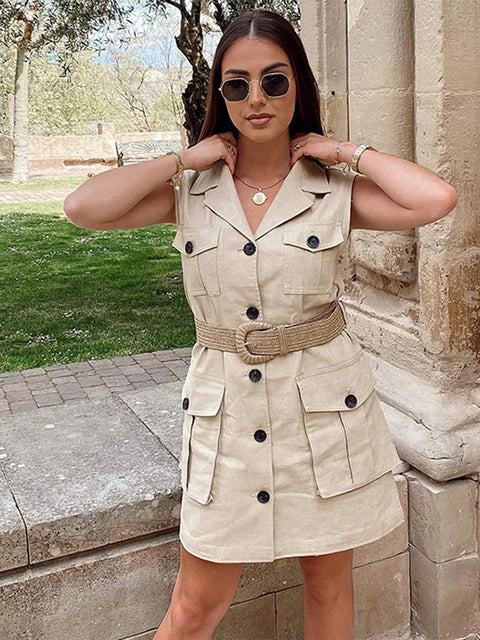 Summer Casual Fashion Belt Waist Vest Lapel Sleeveless Single-breasted Dress CODE: KAR2804