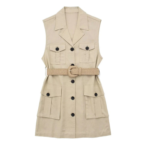Summer Casual Fashion Belt Waist Vest Lapel Sleeveless Single-breasted Dress CODE: KAR2804
