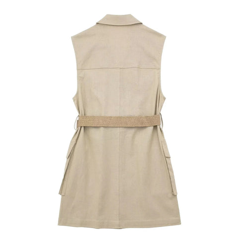 Summer Casual Fashion Belt Waist Vest Lapel Sleeveless Single-breasted Dress CODE: KAR2804